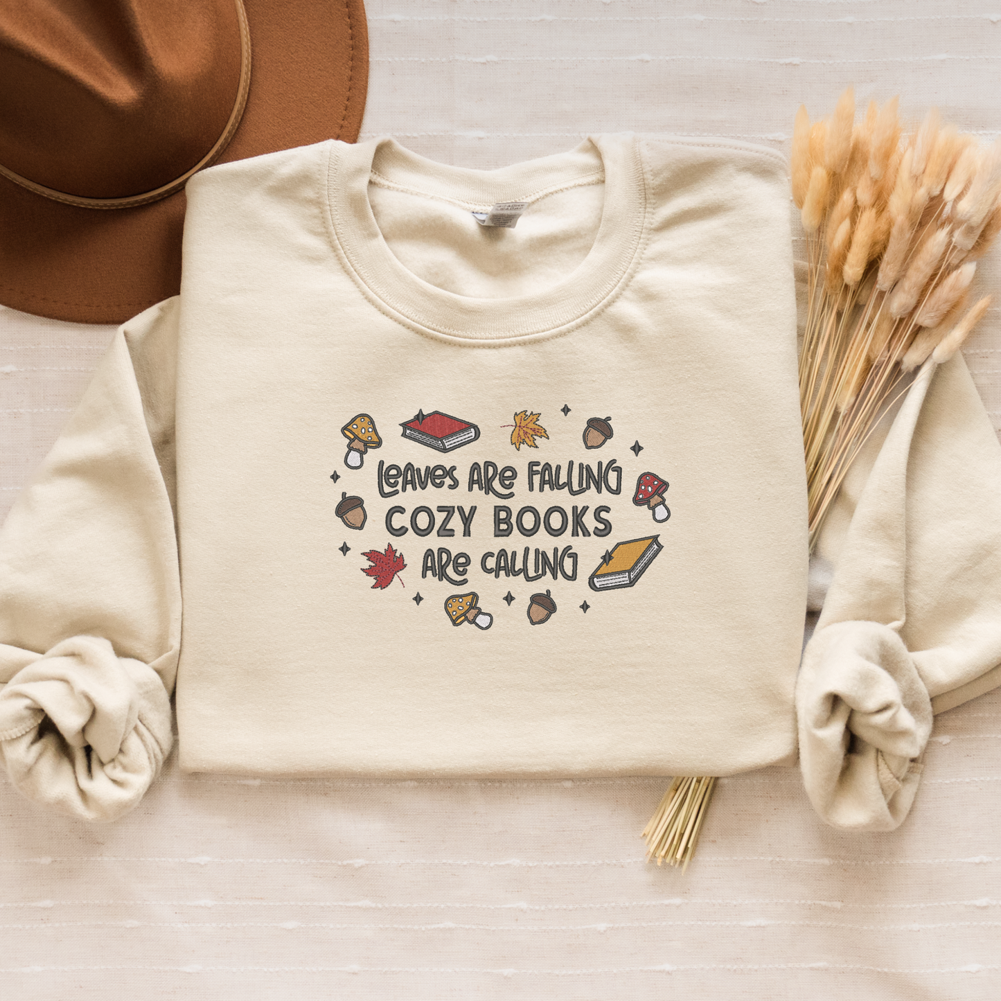 Fall Reading Embroidered Crewneck Sweatshirt - Leaves Are Falling, Cozy Books Are Calling