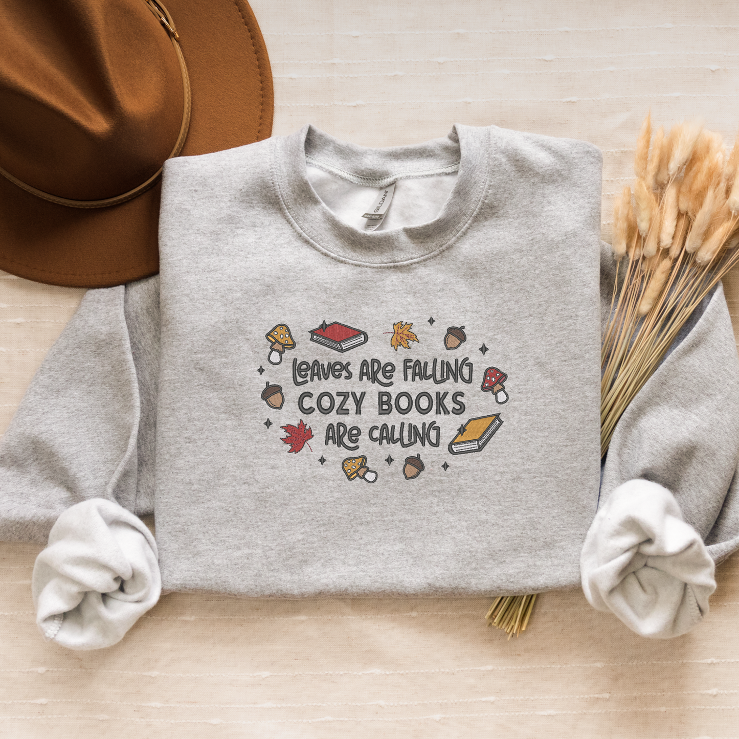 Fall Reading Embroidered Crewneck Sweatshirt - Leaves Are Falling, Cozy Books Are Calling