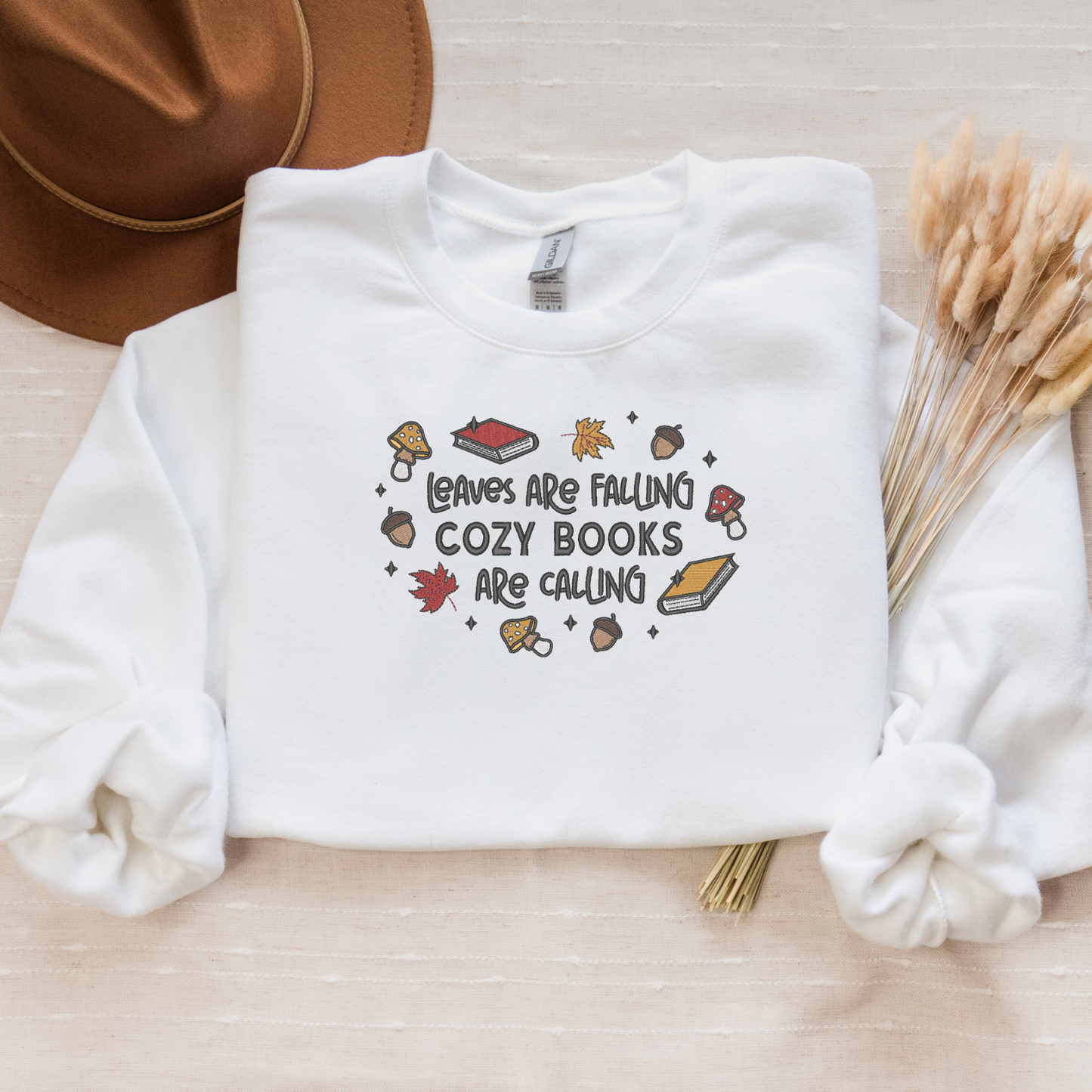 Fall Reading Embroidered Crewneck Sweatshirt - Leaves Are Falling, Cozy Books Are Calling