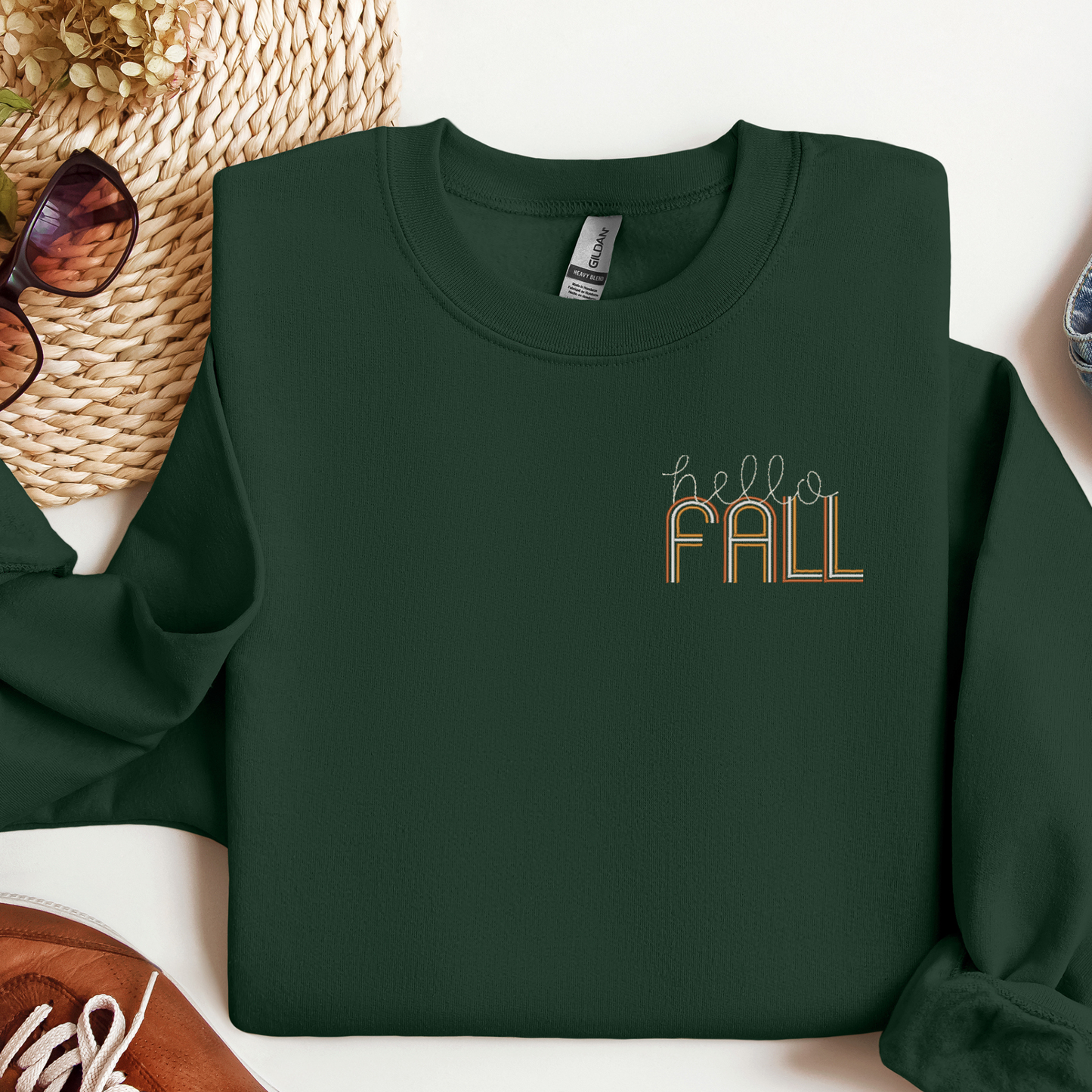 Cozy Hello Fall Logo Crewneck Sweatshirt | Retro Embroidered Fall Design