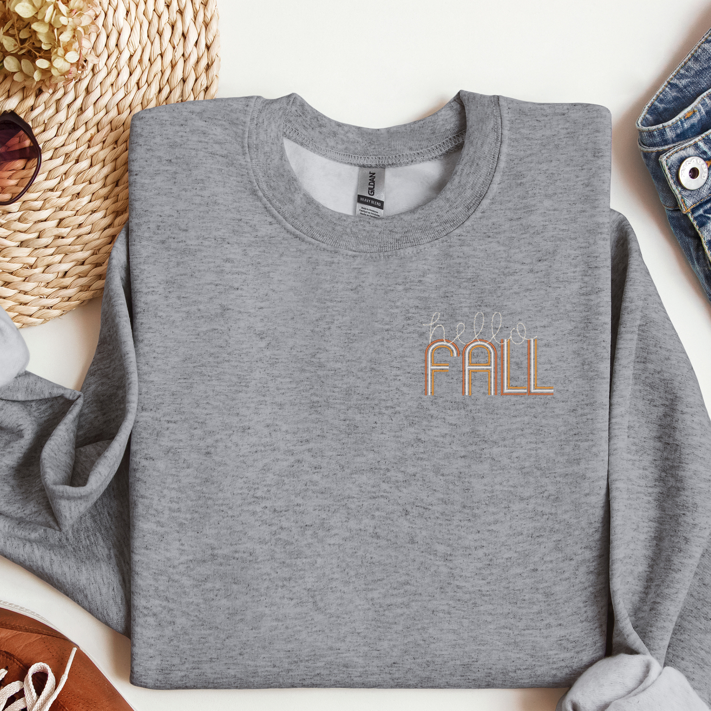 Cozy Hello Fall Logo Crewneck Sweatshirt | Retro Embroidered Fall Design