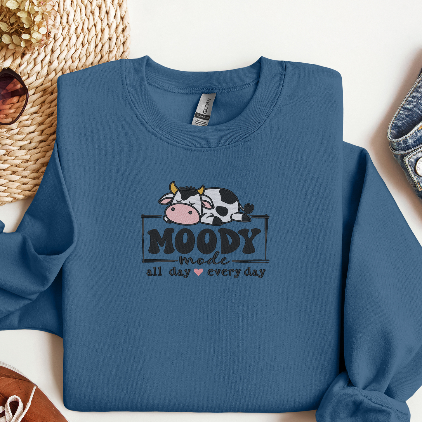 Moody Mode Crewneck Sweatshirt | Cute Lazy Cow Embroidered Design