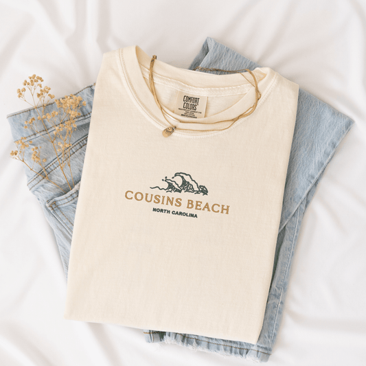 Cousins Beach North Carolina Tee | Embroidered Comfort Colors Garment Dye | Beach Wave Design | Summer Apparel