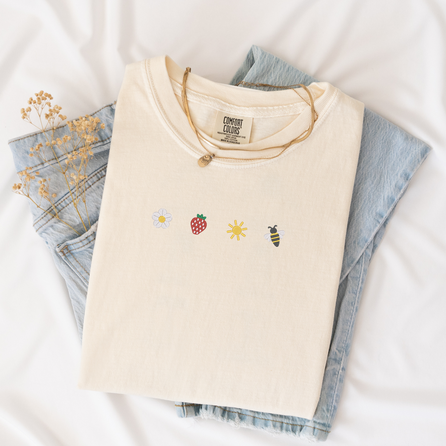 Sunkissed Strawberry and Bee Embroidered T-Shirt | Comfort Colors | Summer Apparel | Sweet Summer Blossom Shirt