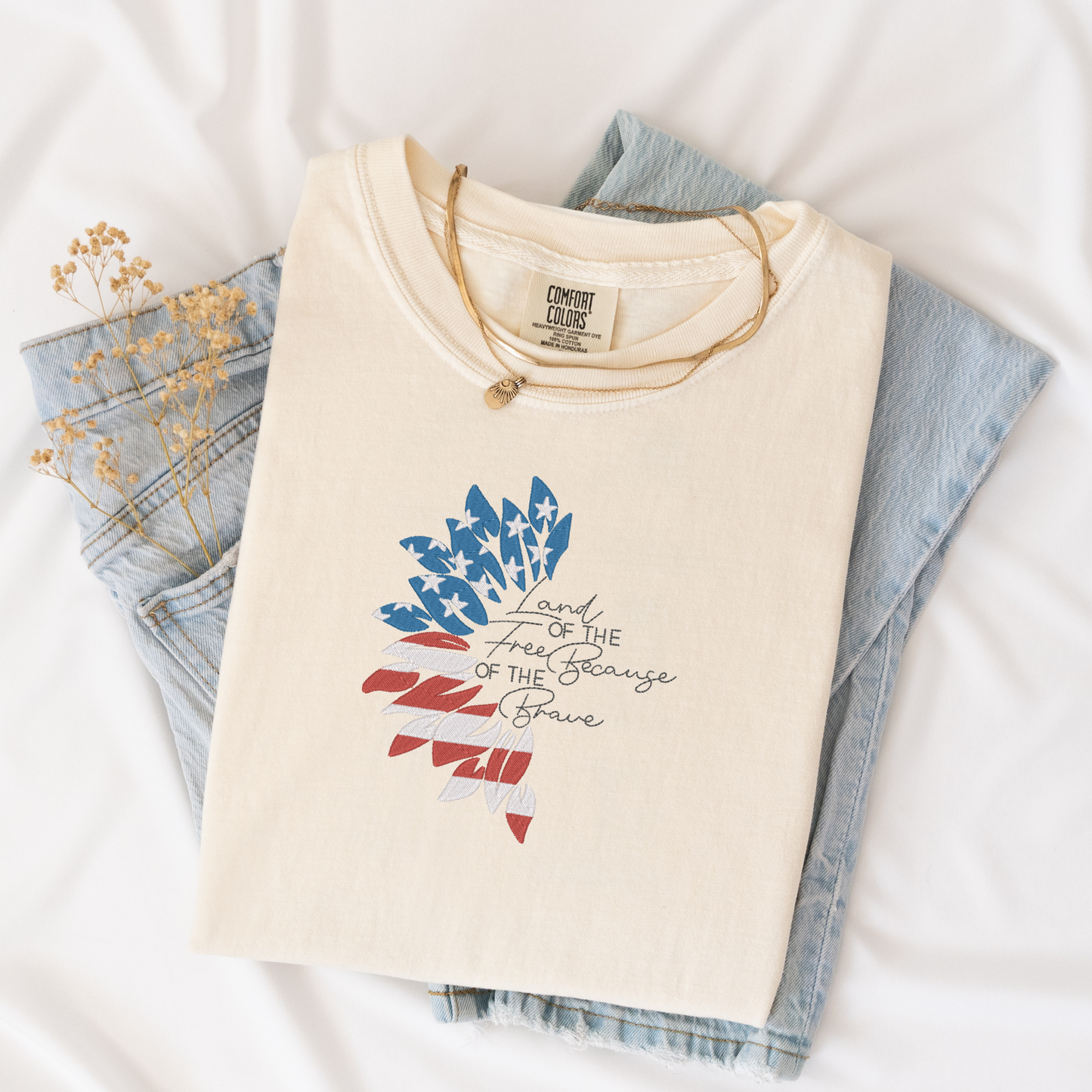 Embroidered Land of the Free Tee | Patriotic Half Sunflower Design | Comfort Colors | American Sunflower Shirt