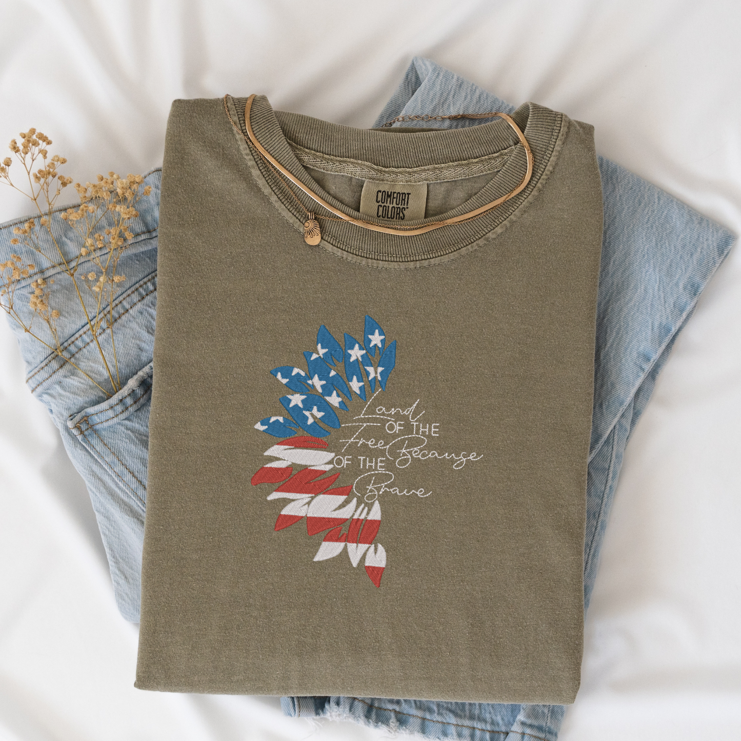 Embroidered Land of the Free Tee | Patriotic Half Sunflower Design | Comfort Colors | American Sunflower Shirt