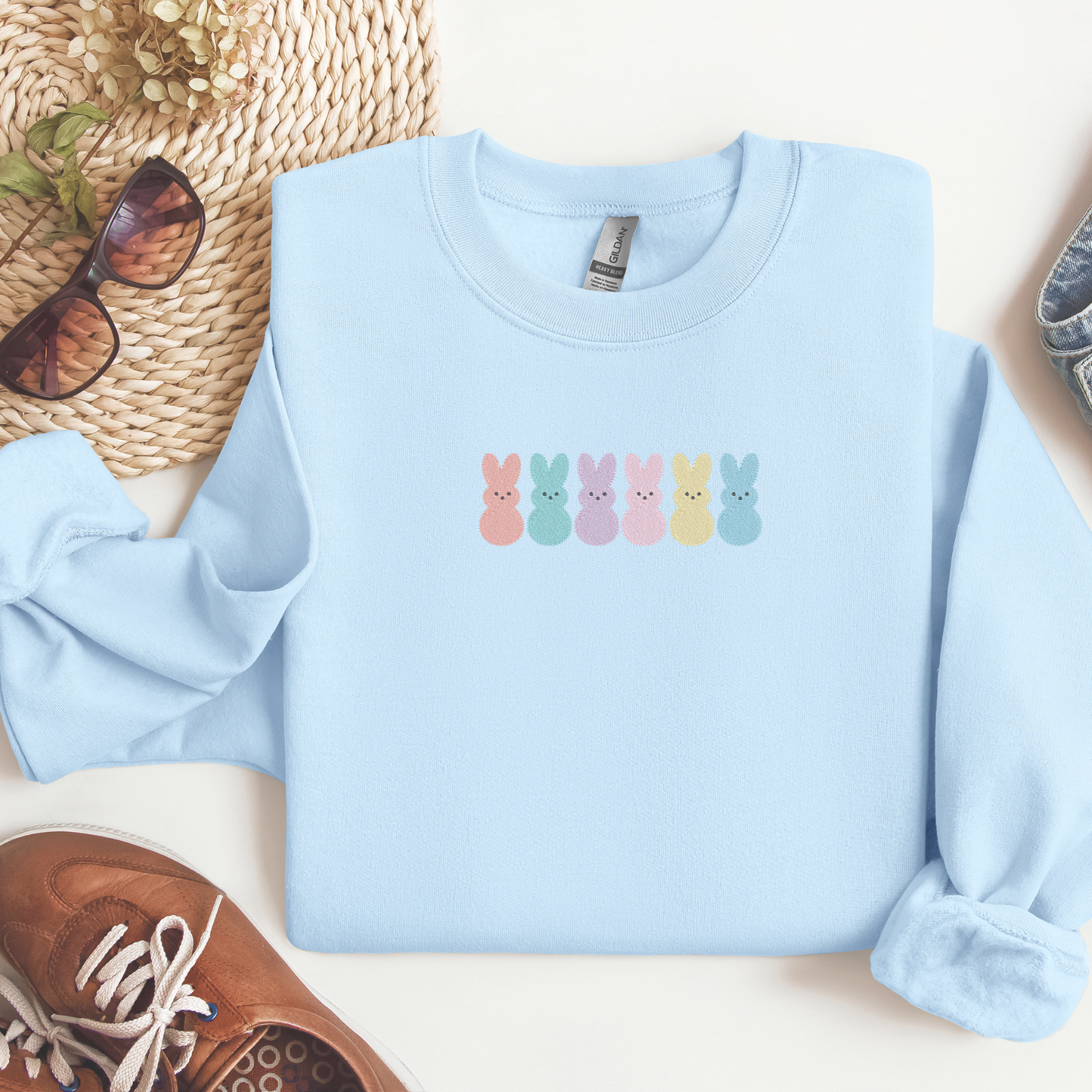 Easter Candy Crewneck | Cute Candy Bunnies Embroidered | Easter Egg Hunt Shirt | Rainbow Candy