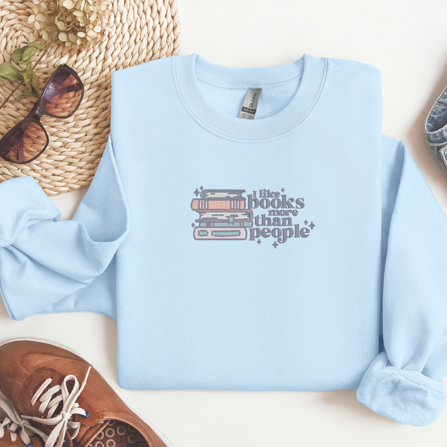 Retro Embroidered I Like Books More Than People Crewneck | Literary Fashion| Bookish Sweatshirt | Book Worm Sweater