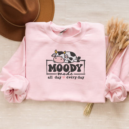 Moody Mode Crewneck Sweatshirt | Cute Lazy Cow Embroidered Design