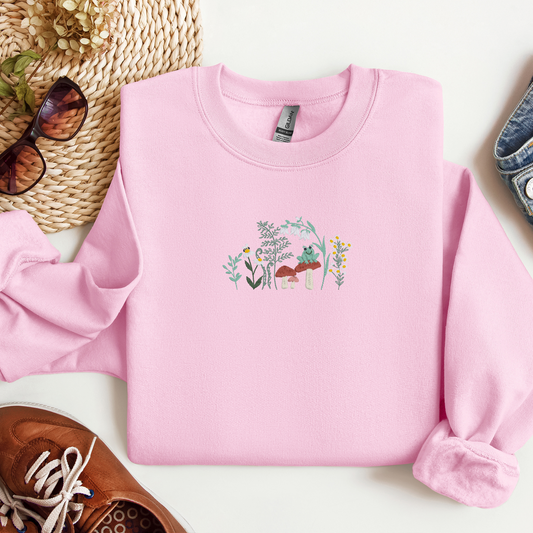 Cottagecore Embroidered Crewneck | Nature-Inspired Mushroom, Wildflowers, and Frog Design