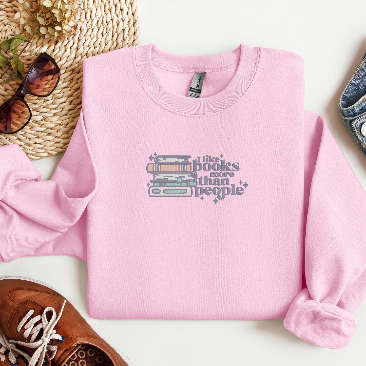 Retro Embroidered I Like Books More Than People Crewneck | Literary Fashion| Bookish Sweatshirt | Book Worm Sweater