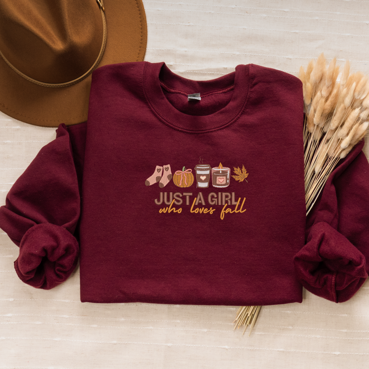 Just a Girl Who Loves Fall Embroidered Crewneck