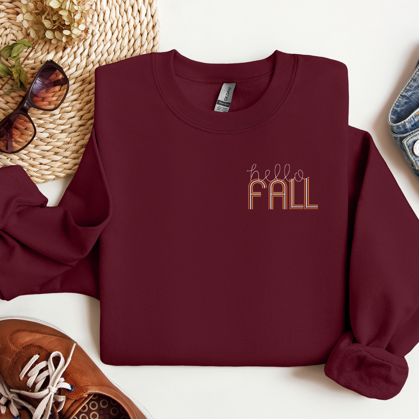 Cozy Hello Fall Logo Crewneck Sweatshirt | Retro Embroidered Fall Design