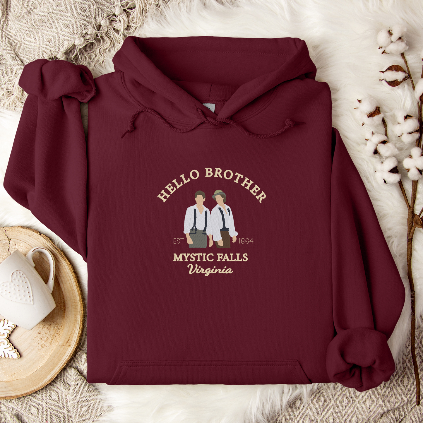 Hello Brother Embroidered Hoodie | TVD Fan Merch | Mystic Falls