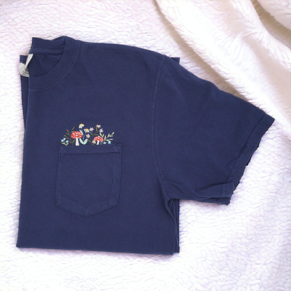 Mushroom & Wildflowers Embroidered Pocket Tee | Cottagecore Shirt