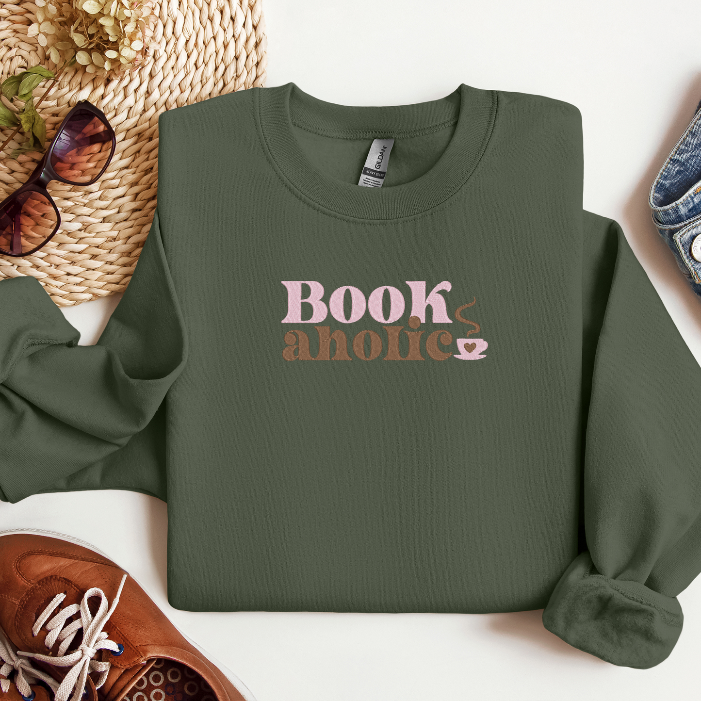 Bookaholic Embroidered Crewneck | Retro Font Coffee Mug Design