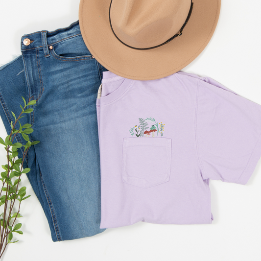 Cottagecore Pocket Peeker Tee | Wildflower & Frog Embroidery | Comfort Colors | Embroidered Pocket T-Shirt