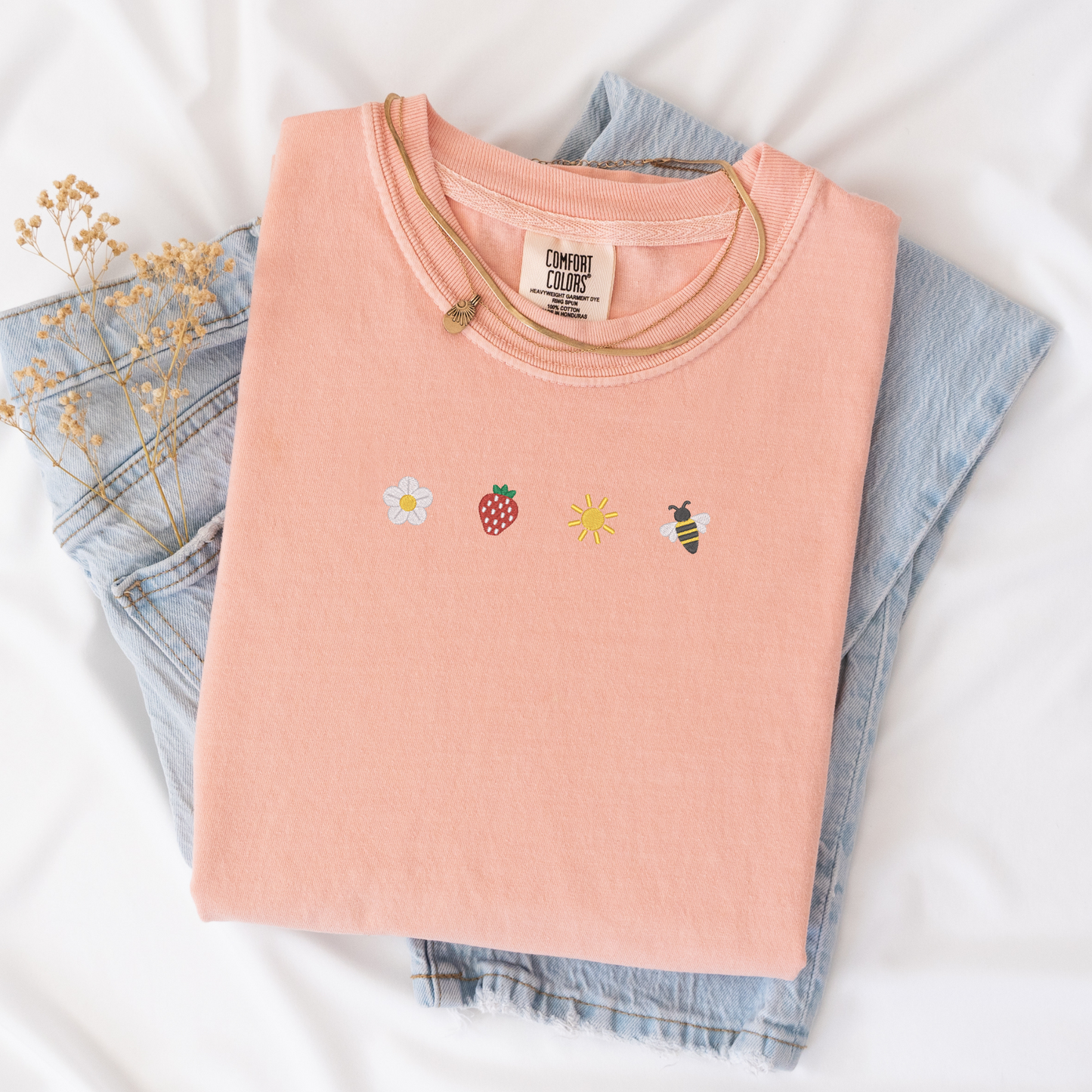 Sunkissed Strawberry and Bee Embroidered T-Shirt | Comfort Colors | Summer Apparel | Sweet Summer Blossom Shirt