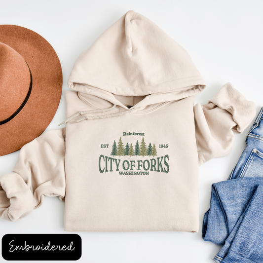 City of Forks Est. 1945 Sweatshirt | Cozy Unisex Twilight-Inspired Apparel | Hoodie & Crewneck