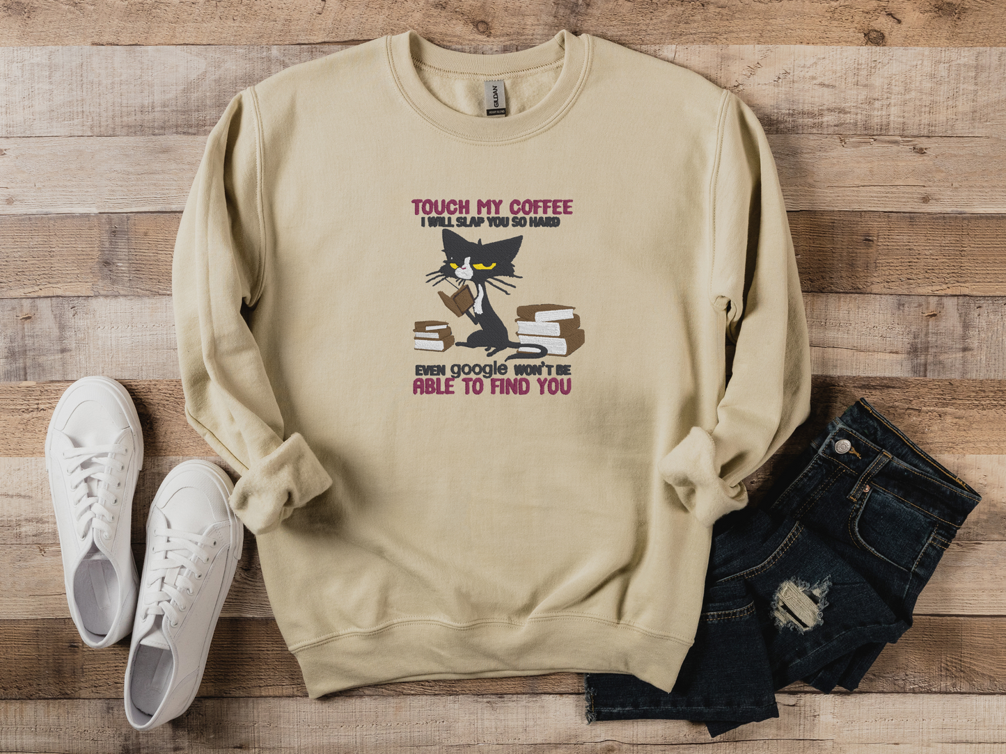 Funny Embroidered Touch My Coffee Sweatshirt - Grumpy Cat Design