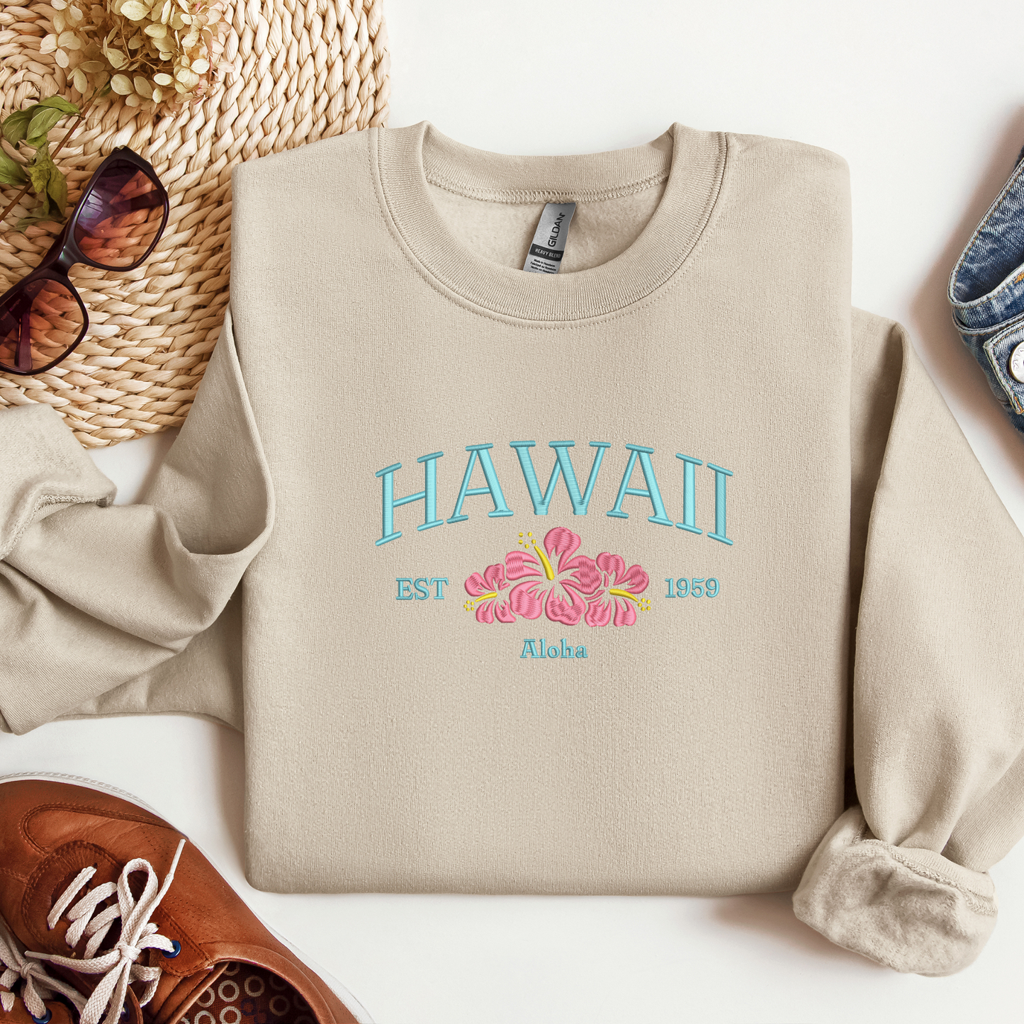 Embroidered Hawaii Crewneck | Hibiscus  Embroidery | Tropical Sweatshirt