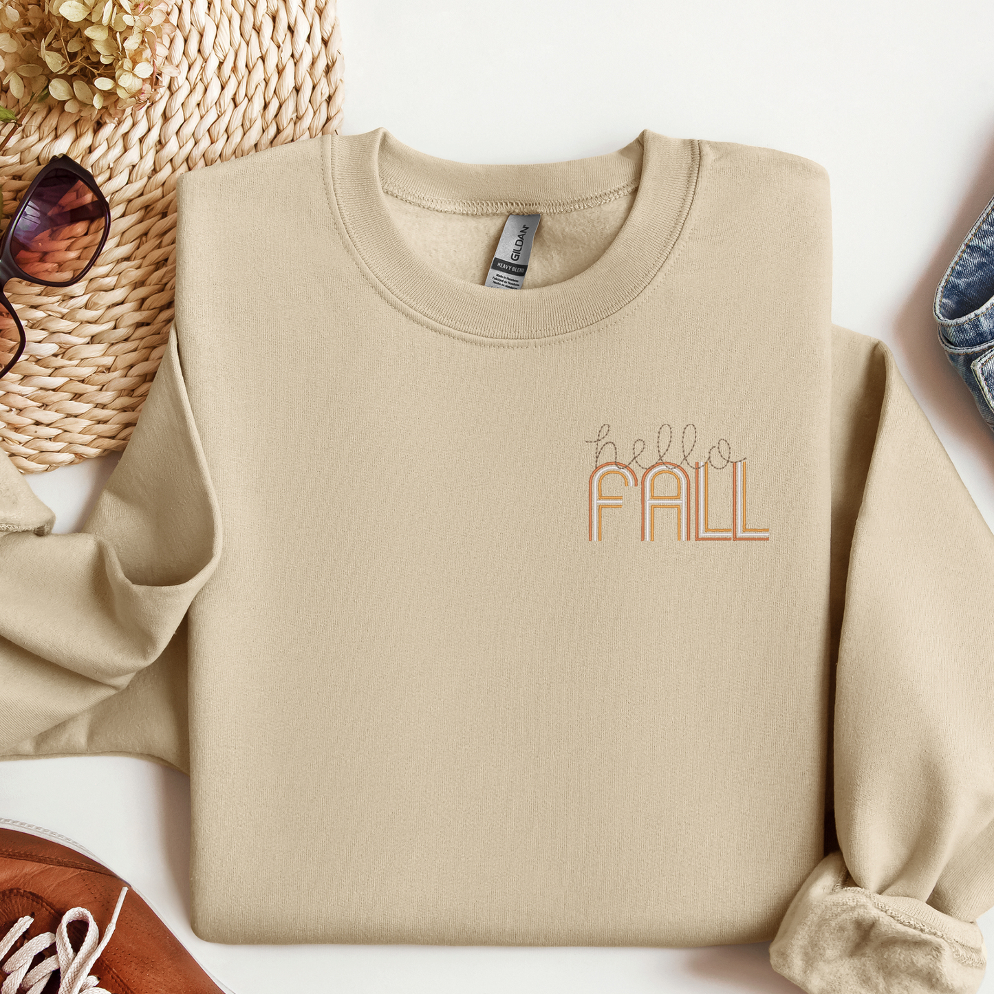 Cozy Hello Fall Logo Crewneck Sweatshirt | Retro Embroidered Fall Design