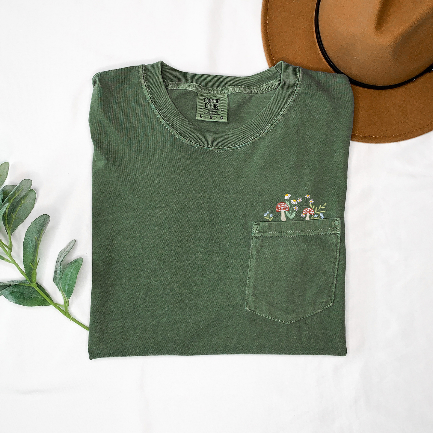 Mushroom & Wildflowers Embroidered Pocket Tee | Cottagecore Shirt