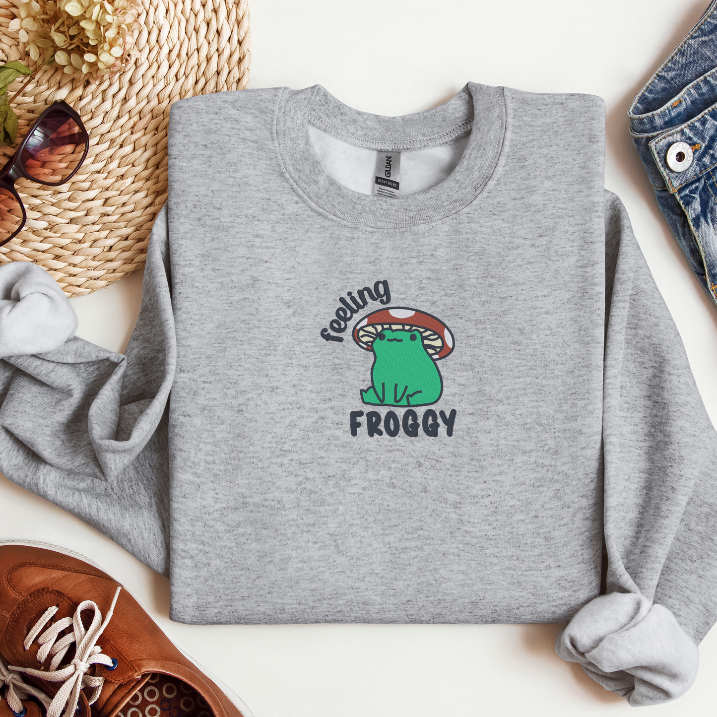 Feeling Froggy Embroidered Crewneck | Cute Mushroom Frog Design