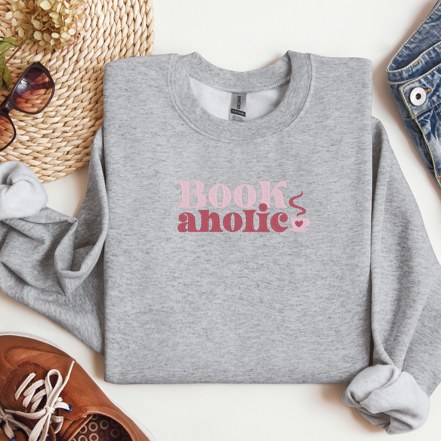 Bookaholic Embroidered Crewneck | Retro Font Coffee Mug Design