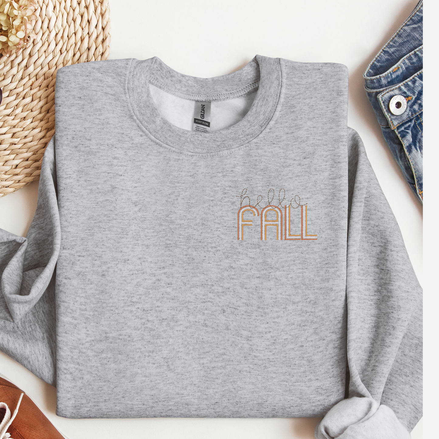 Cozy Hello Fall Logo Crewneck Sweatshirt | Retro Embroidered Fall Design