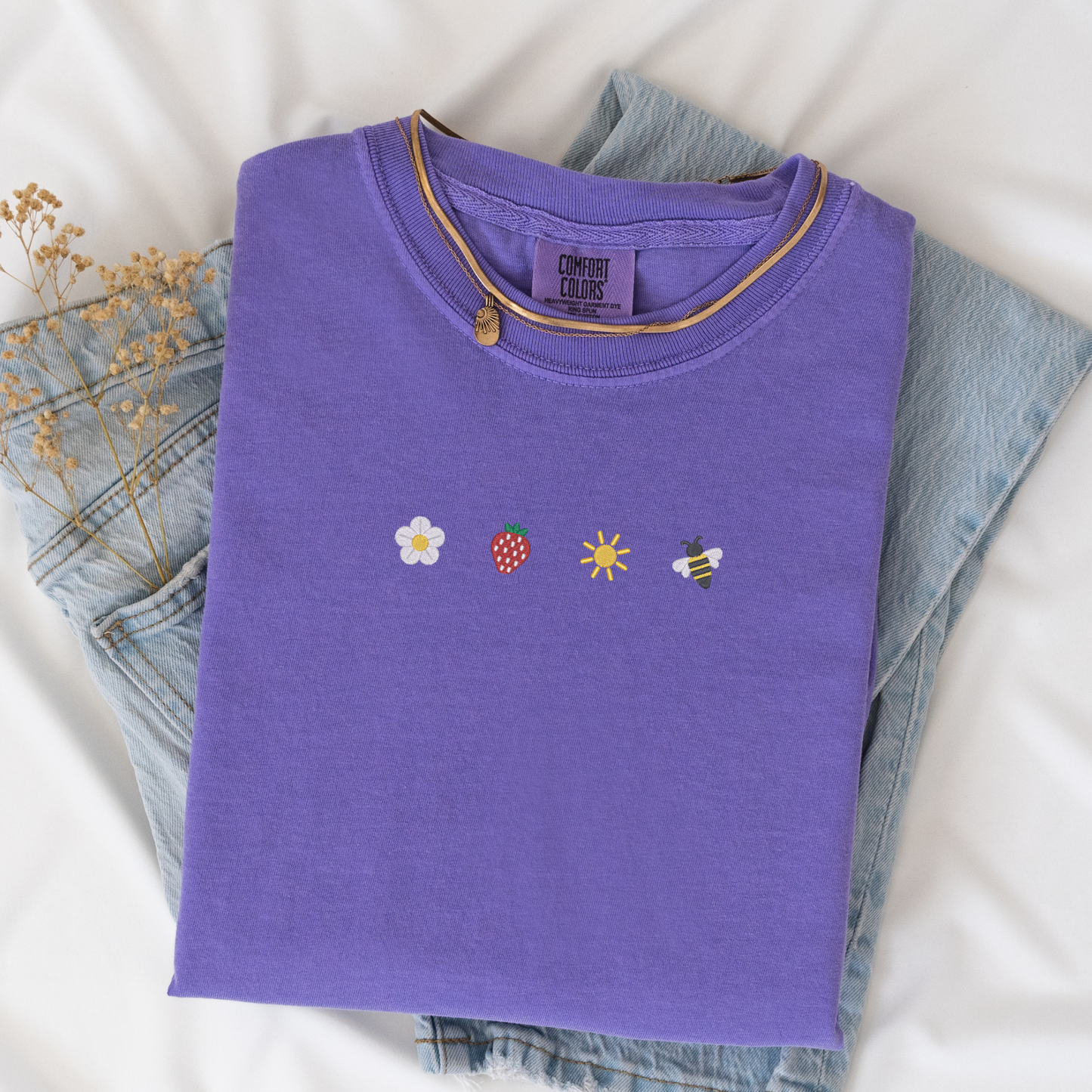 Sunkissed Strawberry and Bee Embroidered T-Shirt | Comfort Colors | Summer Apparel | Sweet Summer Blossom Shirt