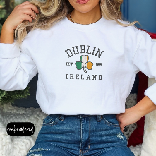 Embroidered Dublin Ireland Crewneck | Irish Flag Shamrock Design | Irish Pride Shirt