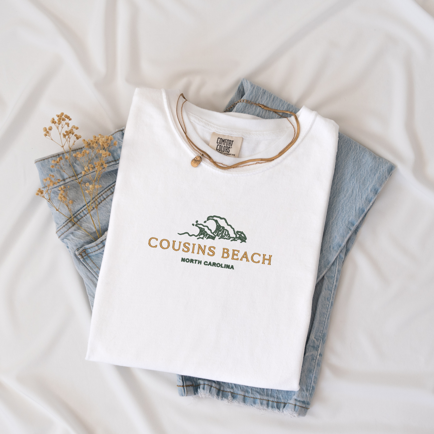 Cousins Beach North Carolina Tee | Embroidered Comfort Colors Garment Dye | Beach Wave Design | Summer Apparel