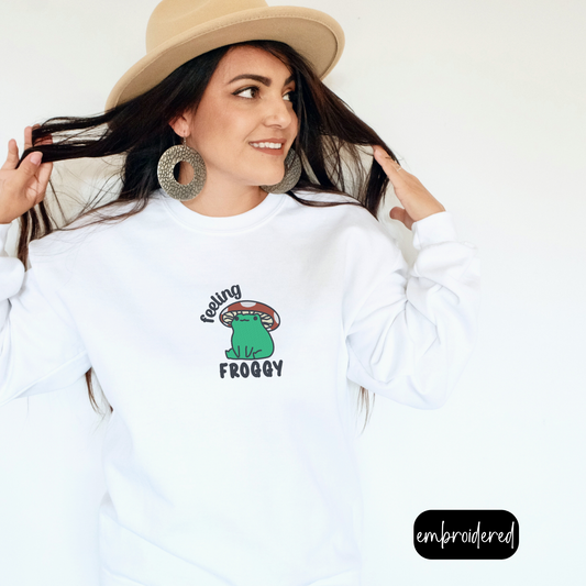 Feeling Froggy Embroidered Crewneck | Cute Mushroom Frog Design