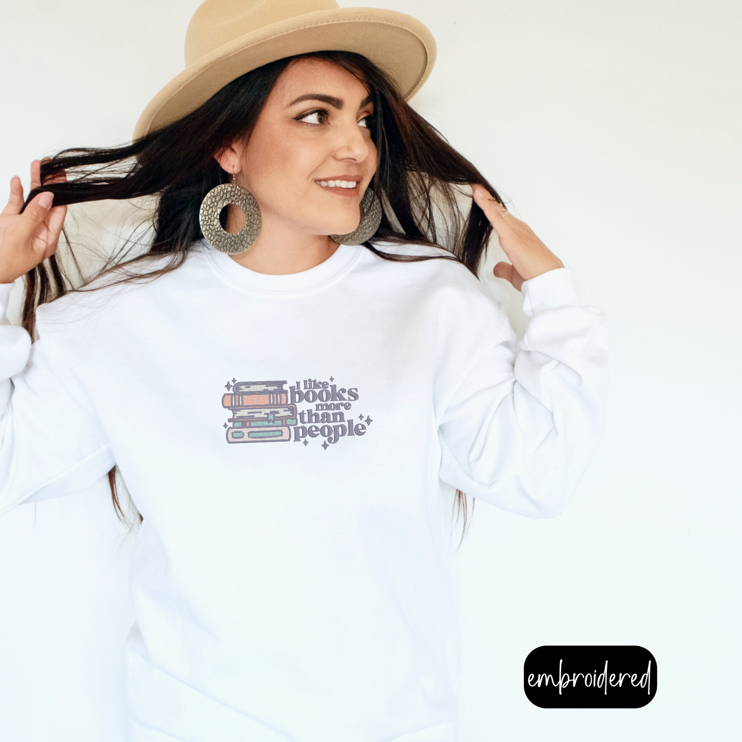 Retro Embroidered I Like Books More Than People Crewneck | Literary Fashion| Bookish Sweatshirt | Book Worm Sweater