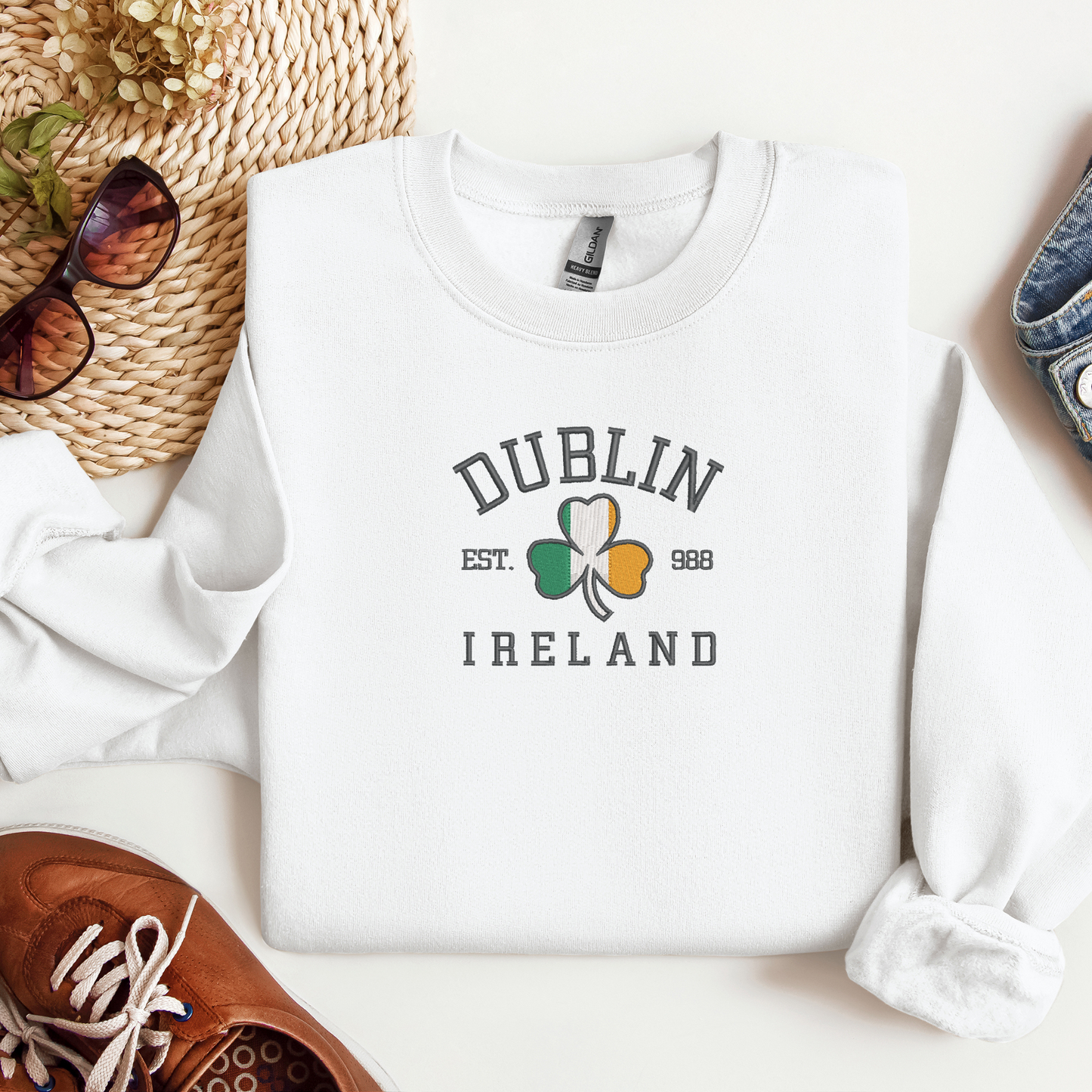 Embroidered Dublin Ireland Crewneck | Irish Flag Shamrock Design | Irish Pride Shirt