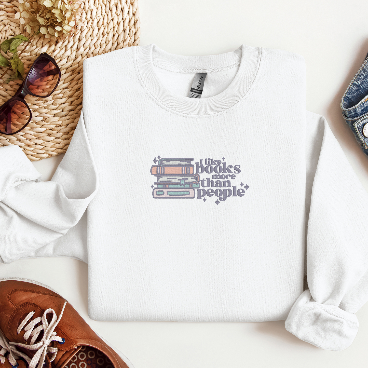 Retro Embroidered I Like Books More Than People Crewneck | Literary Fashion| Bookish Sweatshirt | Book Worm Sweater