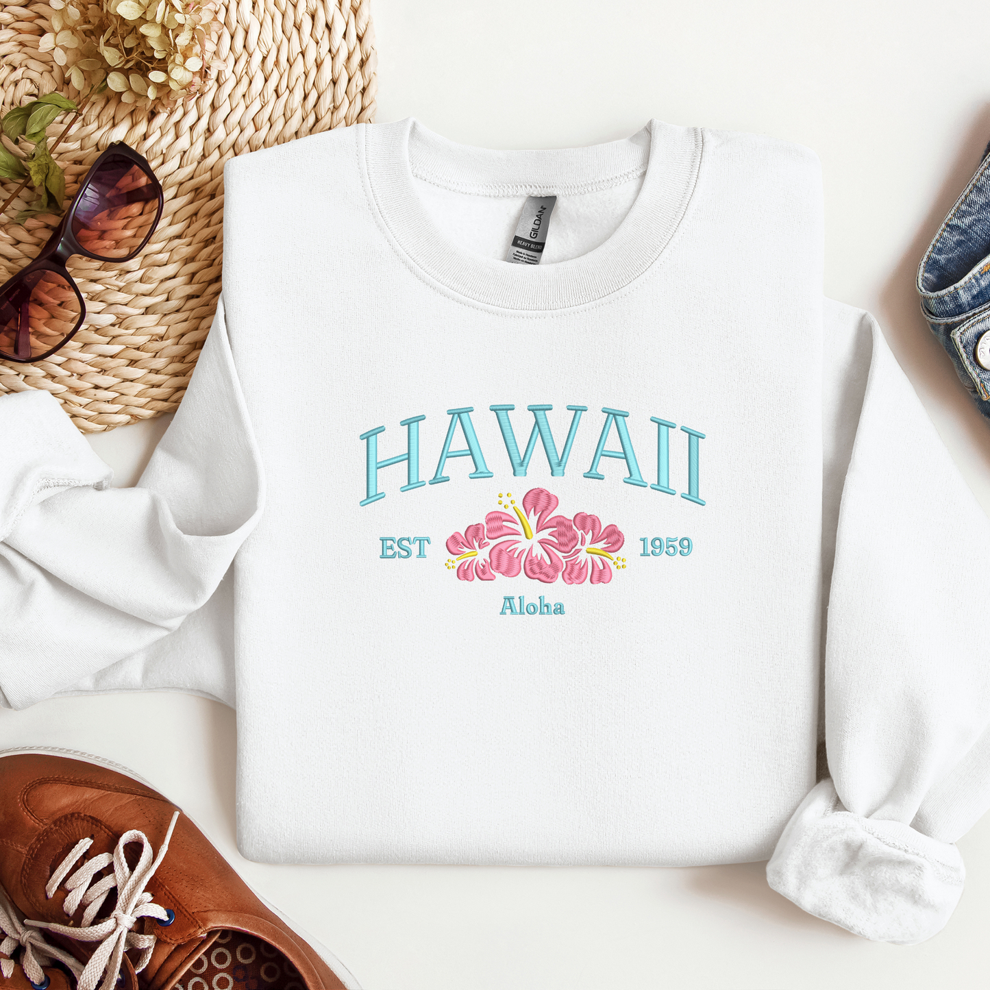 Embroidered Hawaii Crewneck | Hibiscus  Embroidery | Tropical Sweatshirt