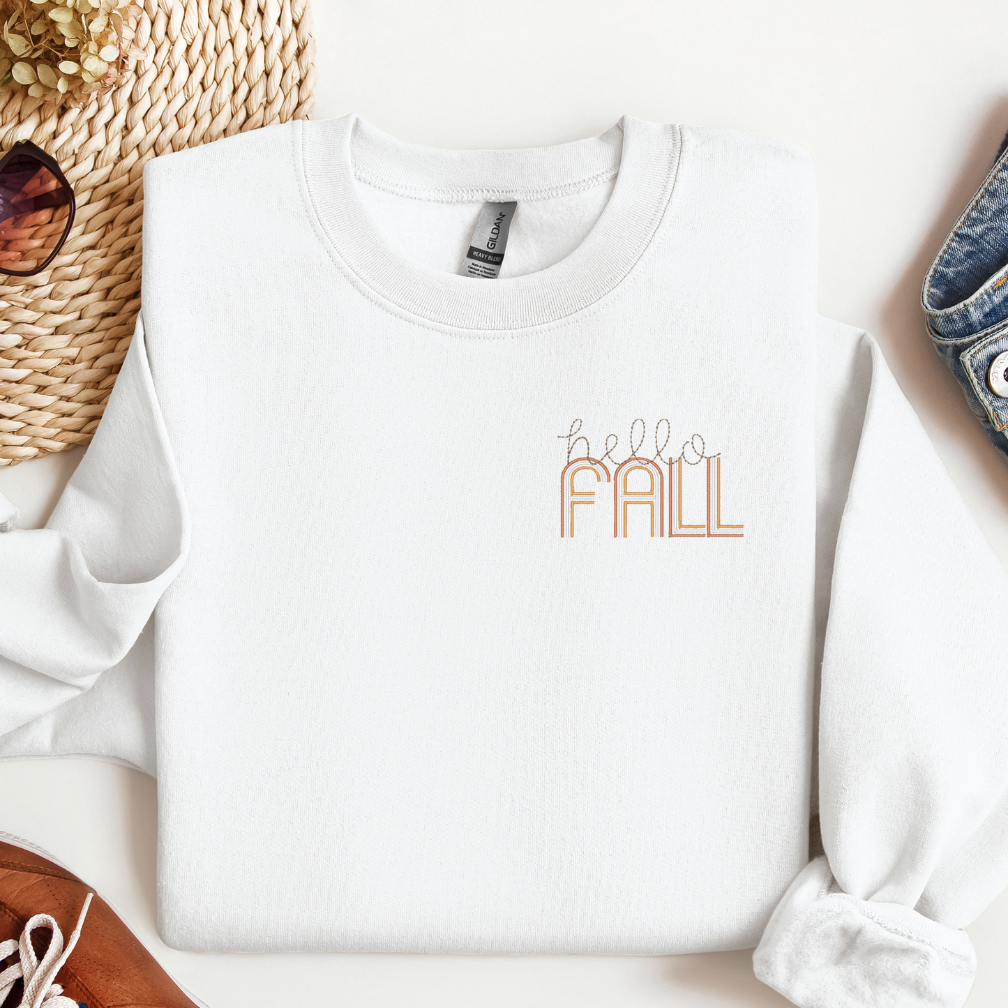 Cozy Hello Fall Logo Crewneck Sweatshirt | Retro Embroidered Fall Design