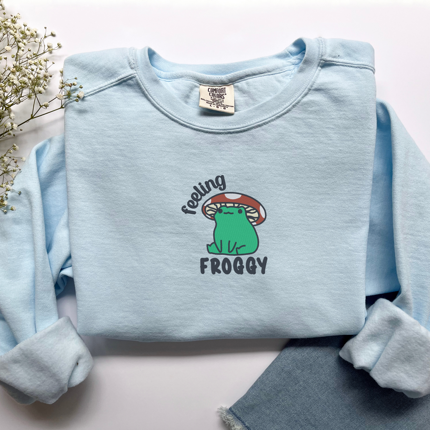 Feeling Froggy Embroidered Crewneck | Cute Mushroom Frog Design